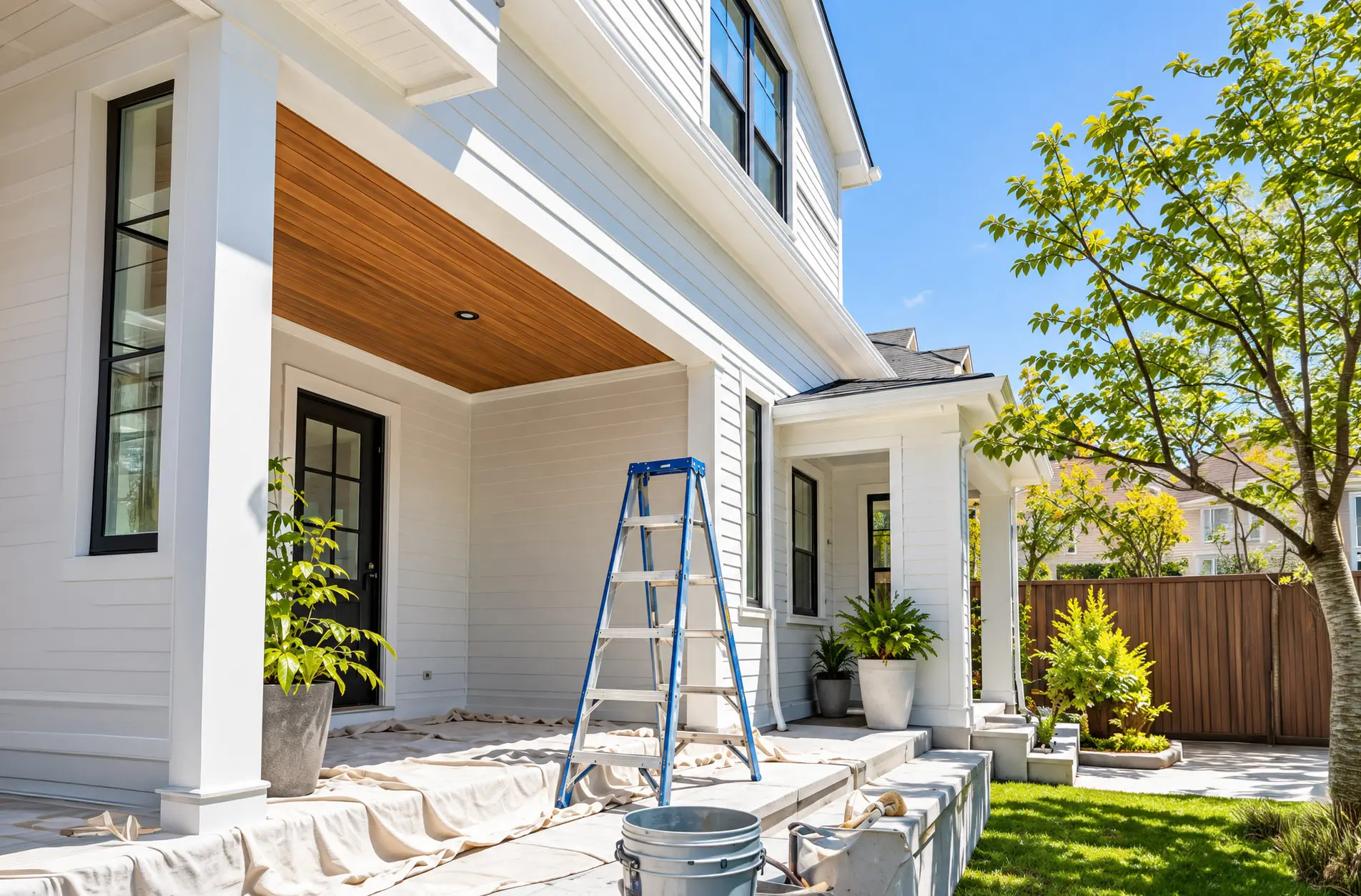 Exterior painting project in progress on a modern home with ladder, drop cloths, paint bucket, and freshly finished white siding. Exterior painting project in progress on a modern home with ladder, drop cloths, paint bucket, and freshly finished white siding.
