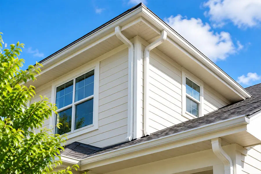Close-up of a light-colored two-story home exterior with siding, windows, gutters, and dark roof shingles under a blue sky.