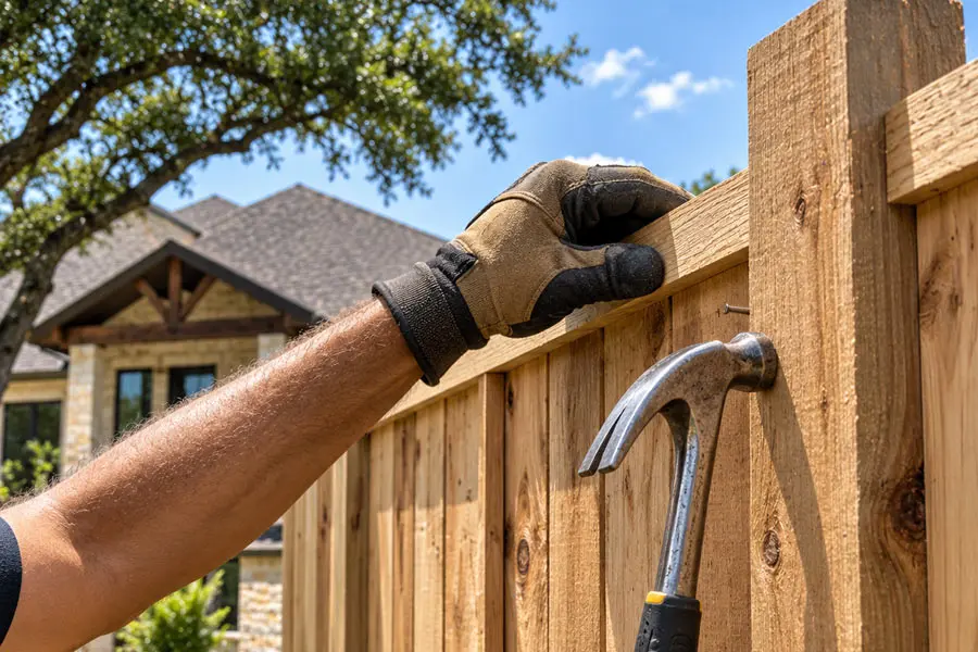 Gloved hands repairing a wooden privacy fence with a hammer in a North Texas residential backyard. Gloved hands repairing a wooden privacy fence with a hammer in a North Texas residential backyard.