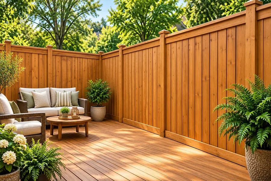Freshly stained wooden privacy fence and deck surrounding a landscaped outdoor seating area.