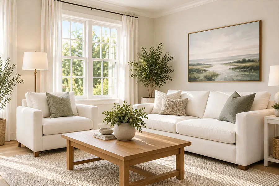 Bright neutral living room with freshly painted walls, white sofa and armchair, large windows, and natural wood furnishings.