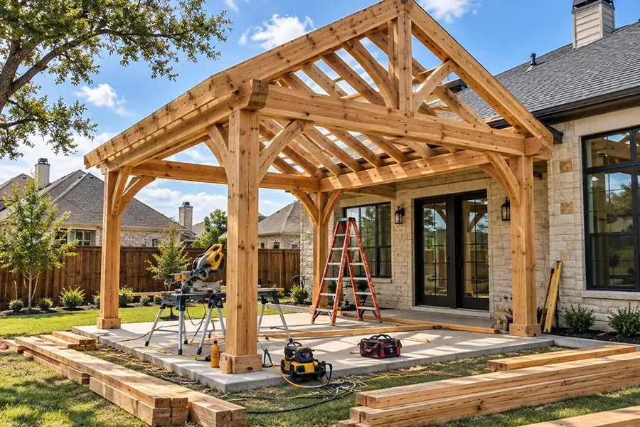 Wood-framed outdoor pavilion under construction beside a North Texas home with ladders, tools, and building materials. Wood-framed outdoor pavilion under construction beside a North Texas home with ladders, tools, and building materials.