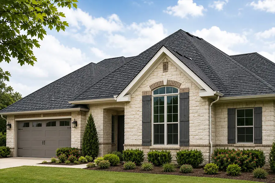 Modern North Texas home featuring a professionally installed asphalt shingle roof by Sun Haven Roofing. Modern North Texas home featuring a professionally installed asphalt shingle roof by Sun Haven Roofing.