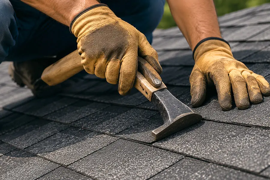 Roofer repairing asphalt shingles on a residential roof to prevent leaks and extend roof life. Roofer repairing asphalt shingles on a residential roof to prevent leaks and extend roof life.