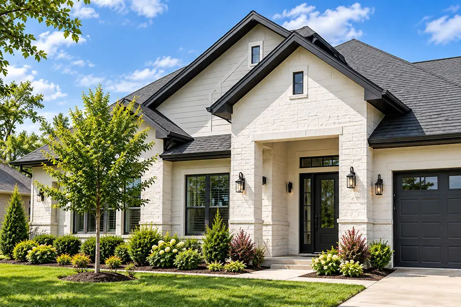 Modern North Texas home with white exterior, dark roof, black trim, and landscaped front yard.